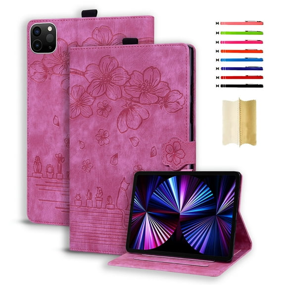 Nalacover Case for iPad Pro 12.9 2018/2020/2021/2022, Flower Embossed Pattern PU Leather Flip Cover with Card Slots Holder Auto Wake/Sleep Kickstand TPU Shockproof Case, Rose
