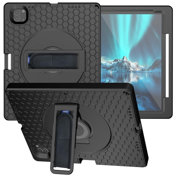 Nalacover Case for iPad Pro 12.9" 2022/2021/2020/2018 with Rotating Stand & Handle & Shoulder Strap, Military Grade Heavy Duty Silicone Rugged PC Protection Tablet Cover, Black