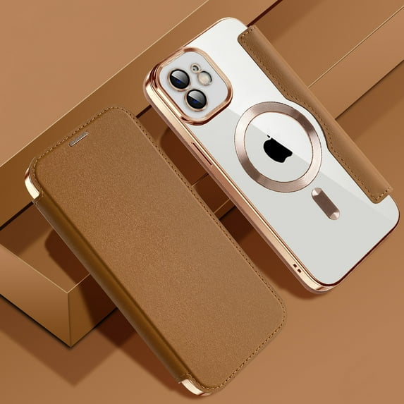 Nalacover Case for iPhone 11,Compatible with MagSafe Charging,Wallet Cover with RFID Blocking Card Slots,Shockproof PU Leather Magnetic Closure Folio Plating Clear Phone Case,Brown