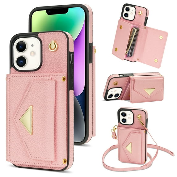 Nalacover Case for iPhone 11, Crossbody Wallet Case with Card Slots Holder, PU Leather Lanyard Shoulder Strap Purse Cover with Kickstand Shockproof Case for iPhone 11, Pink