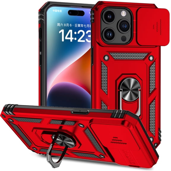 Nalacover Case for iPhone 11 Pro Heavy Duty Camera Lens Sliding Cover, Rugged PC + TPU Military Grade Shockproof Metal Magnetic Car Mount Cover with Ring Holder Bracket, Red