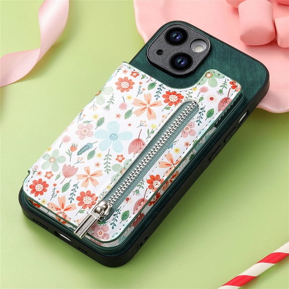 Nalacover Case for iPhone 11 Pro Max Wallet Case with Card Slots Zipper Pocket, Floral Pattern PU Leather Flip Kickstand Cover for Women Girls, RFID Blocking Shockproof Case, Green