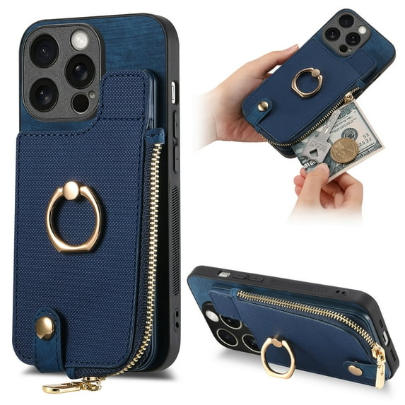 Nalacover Case for iPhone 12 Pro Max Wallet Case with Card Holder & Zipper Pocket, 360° Rotation Ring Kickstand Premium PU Leather Cover, Shockproof Magnetic Button Flip Stand Phone Case,Blue