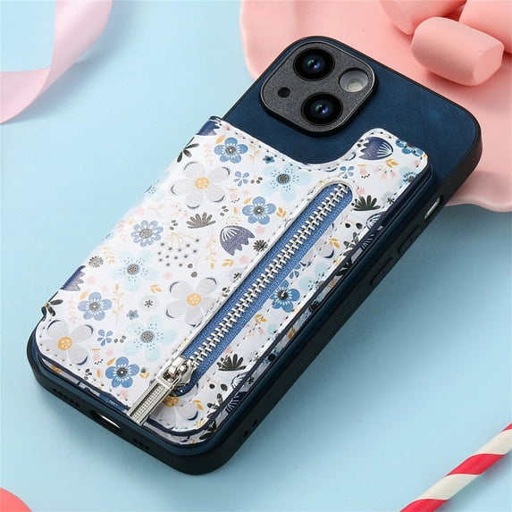 Nalacover Case for iPhone 12 Pro Wallet Case with Card Slots Zipper Pocket, Floral Pattern PU Leather Flip Kickstand Cover for Women Girls, RFID Blocking Shockproof Case, Blue