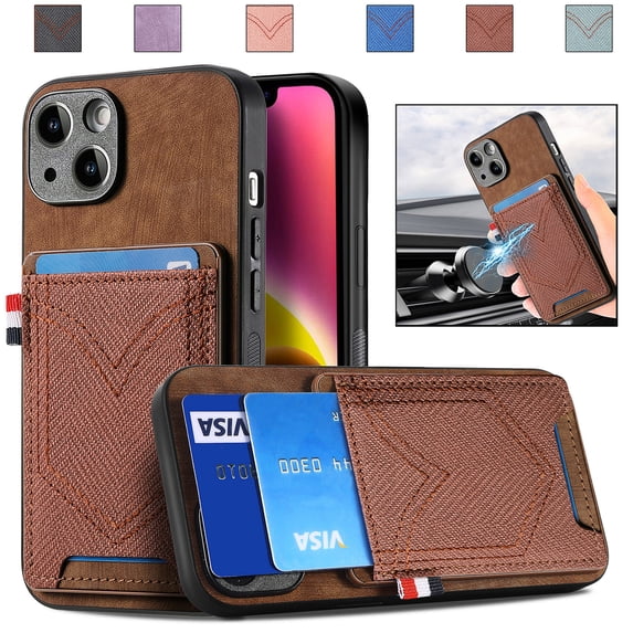 Nalacover Case for iPhone 13 Back Card Slots Wallet Case, Vintage Denim Pattern PU Leather Magnet Car Mount Cover for iPhone 13, Full Edge Protection Anti-Drop Shockproof Case,Brown