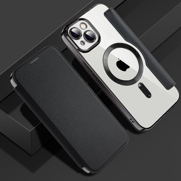 Nalacover Case for iPhone 13,Compatible with MagSafe Charging,Wallet Cover with RFID Blocking Card Slots,Shockproof PU Leather Magnetic Closure Folio Plating Clear Phone Case,Black