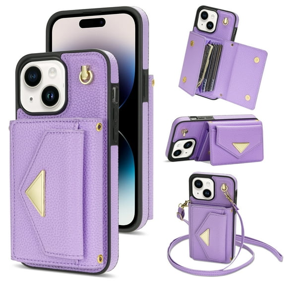 Nalacover Case for iPhone 13, Crossbody Wallet Case with Card Slots Holder, PU Leather Lanyard Shoulder Strap Purse Cover with Kickstand Shockproof Case for iPhone 13, Purple