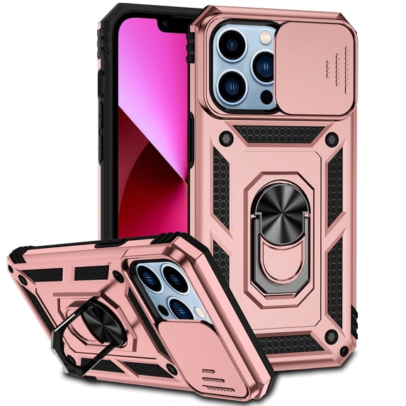 Nalacover Case for iPhone 13 Pro Max Heavy Duty Camera Lens Sliding Cover, Rugged PC + TPU Military Grade Shockproof Metal Magnetic Car Mount Cover with Ring Holder Bracket, Rosegold
