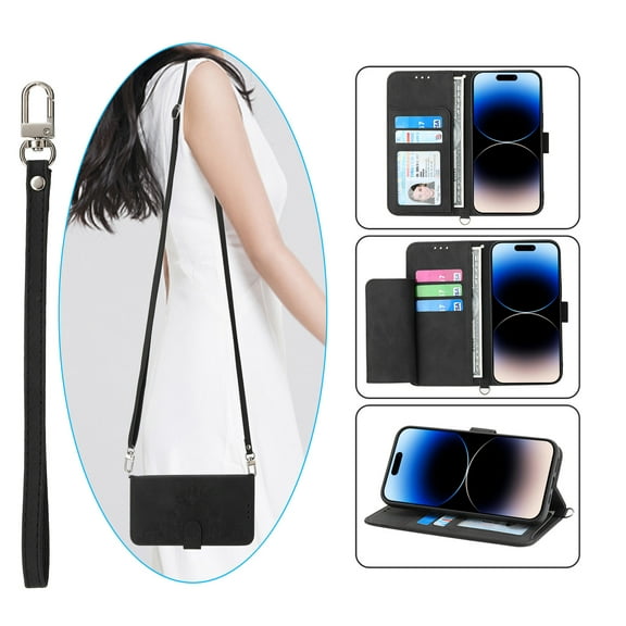 Nalacover Case for iPhone 13 Pro Max, PU Leather Wallet Phone Crossbody Flip Case with Credit Card Holder and Shoulder Wrist Strap Magnetic Stand Shockproof Cover For iPhone 13 Pro Max, Black