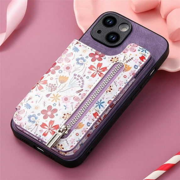 Nalacover Case for iPhone 13 Pro Max Wallet Case with Card Slots Zipper Pocket, Floral Pattern PU Leather Flip Kickstand Cover for Women Girls, RFID Blocking Shockproof Case, Purple