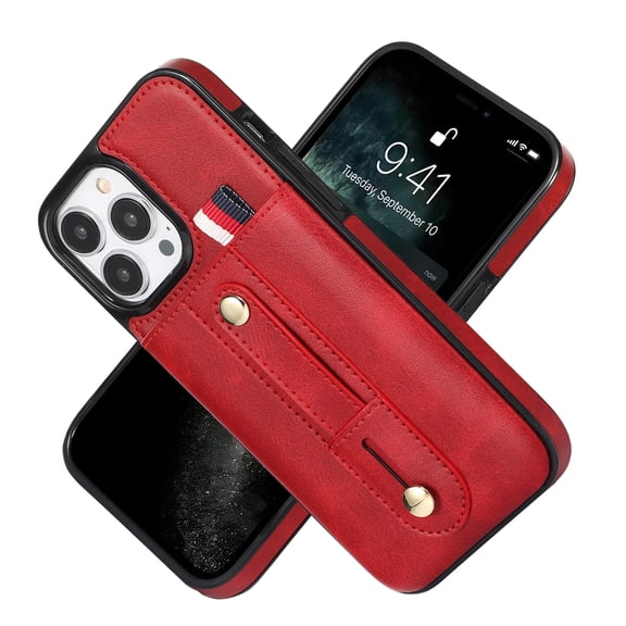Nalacover Case for iPhone 13 Wallet Case Hidden Card Slots Holder, Premium PU Leather Loop Finger Strap TPU Shockproof Lens Protection Cover for iPhone 13, Red