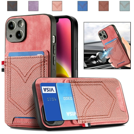Nalacover Case for iPhone 14 Back Card Slots Wallet Case, Vintage Denim Pattern PU Leather Magnet Car Mount Cover for iPhone 14, Full Edge Protection Anti-Drop Shockproof Case,Pink