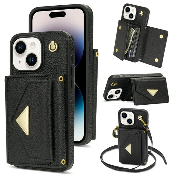 Nalacover Case for iPhone 14, Crossbody Wallet Case with Card Slots Holder, PU Leather Lanyard Shoulder Strap Purse Cover with Kickstand Shockproof Case for iPhone 14, Black