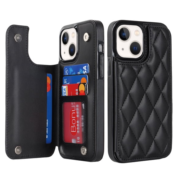 Nalacover Case for iPhone 14 Plus Card Holder Wallet Case, RFID Blocking Luxury PU Leather Fashion Back Flip Cover with Kickstand Magnetic Buttons Shockproof Case for iPhone 14 Plus, Black