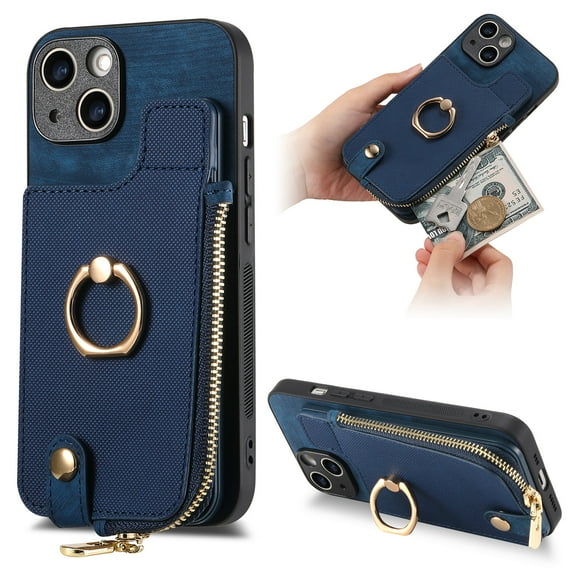 Nalacover Case for iPhone 14 Plus Wallet Case with Card Holder & Zipper Pocket, 360° Rotation Ring Kickstand Premium PU Leather Cover, Shockproof Magnetic Button Flip Stand Phone Case,Blue