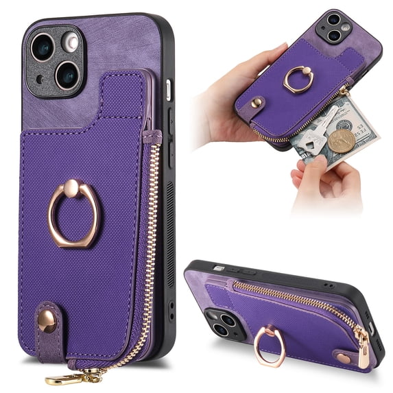 Nalacover Case for iPhone 14 Plus Wallet Case with Card Holder & Zipper Pocket, 360° Rotation Ring Kickstand Premium PU Leather Cover, Shockproof Magnetic Button Flip Stand Phone Case,Purple