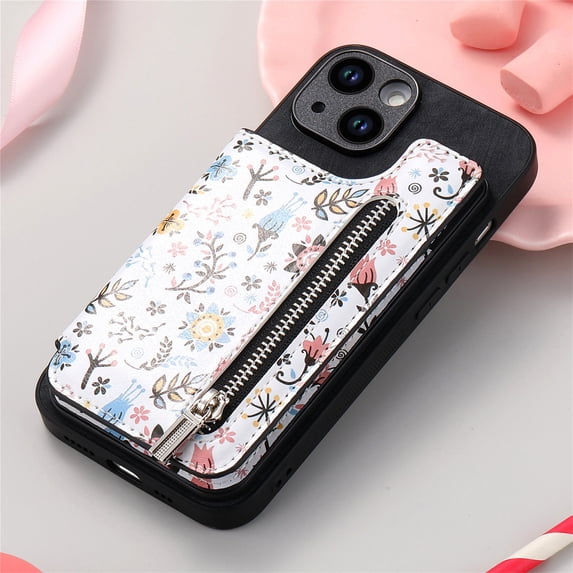 Nalacover Case for iPhone 14 Plus Wallet Case with Card Slots Zipper Pocket, Floral Pattern PU Leather Flip Kickstand Cover for Women Girls, RFID Blocking Shockproof Case, Black