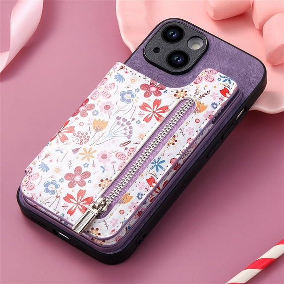 Nalacover Case for iPhone 14 Plus Wallet Case with Card Slots Zipper Pocket, Floral Pattern PU Leather Flip Kickstand Cover for Women Girls, RFID Blocking Shockproof Case, Purple