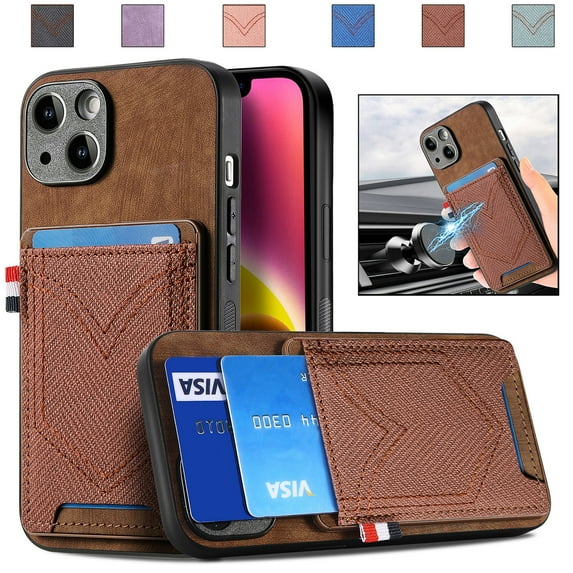 Nalacover Case for iPhone 14 Pro Back Card Slots Wallet Case, Vintage Denim Pattern PU Leather Magnet Car Mount Cover for iPhone 14 Pro, Full Edge Protection Anti-Drop Shockproof Case,Brown