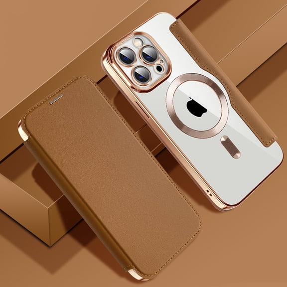 Nalacover Case for iPhone 14 Pro Max,Compatible with MagSafe Charging,Wallet Cover with RFID Blocking Card Slots,Shockproof PU Leather Magnetic Closure Folio Plating Clear Phone Case,Brown