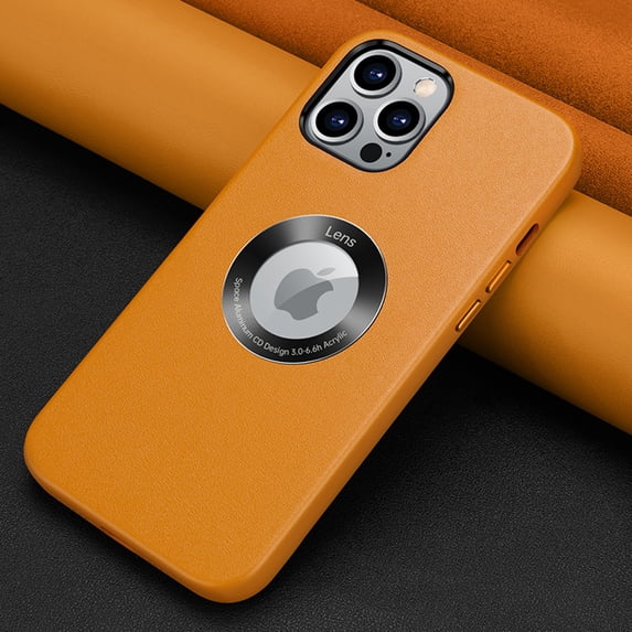 Nalacover Case for iPhone 14 Pro Max PU Leather Logo Hollow Cover, Slim Lightweight Soft TPU Bumper Case Compatible with Wireless Charging MagSafe Shockproof Anti-Scratches Protective Case, Yellow
