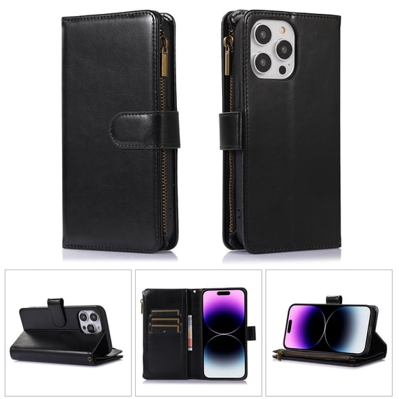 Nalacover Case for iPhone 14 Pro Max Zipper Wallet Case, 9 Card Slots Holder Premium PU Leather Wrist Strap Handbag Flip Cover with Kickstand Magnetic Clasp Soft TPU Anti-Drop Case,Black