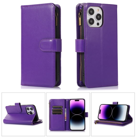 Nalacover Case for iPhone 14 Pro Max Zipper Wallet Case, 9 Card Slots Holder Premium PU Leather Wrist Strap Handbag Flip Cover with Kickstand Magnetic Clasp Soft TPU Anti-Drop Case,Purple