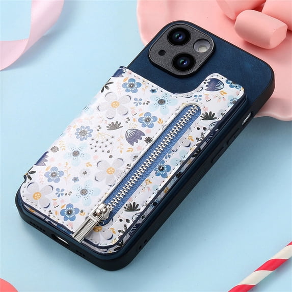Nalacover Case for iPhone 14 Pro Wallet Case with Card Slots Zipper Pocket, Floral Pattern PU Leather Flip Kickstand Cover for Women Girls, RFID Blocking Shockproof Case, Blue