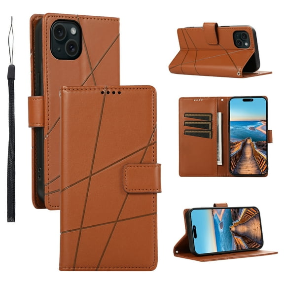 Nalacover Case for iPhone 15 - Card Holder PU Leather Flip Wallet Cover with Magnetic Clasp Stand Hand Strap, Soft TPU Inner Shockproof Anti-Scratches Case for iPhone 15, Brown