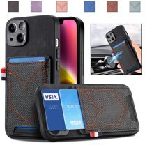 Nalacover Case for iPhone 15 Card Slots Wallet Case, Vintage Denim Pattern PU Leather Magnet Car Mount Cover, Full Edge Protection Anti-Drop Shockproof Case, Black