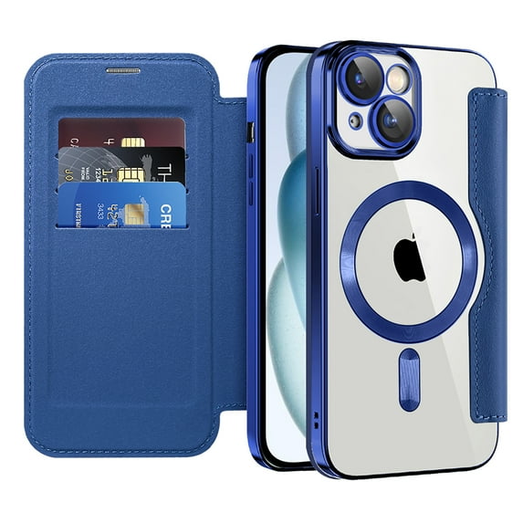 Nalacover Case for iPhone 15,Compatible with MagSafe Charging,Wallet Cover with RFID Blocking Card Slots,Shockproof PU Leather Magnetic Closure Folio Plating Clear Phone Case,Darkblue