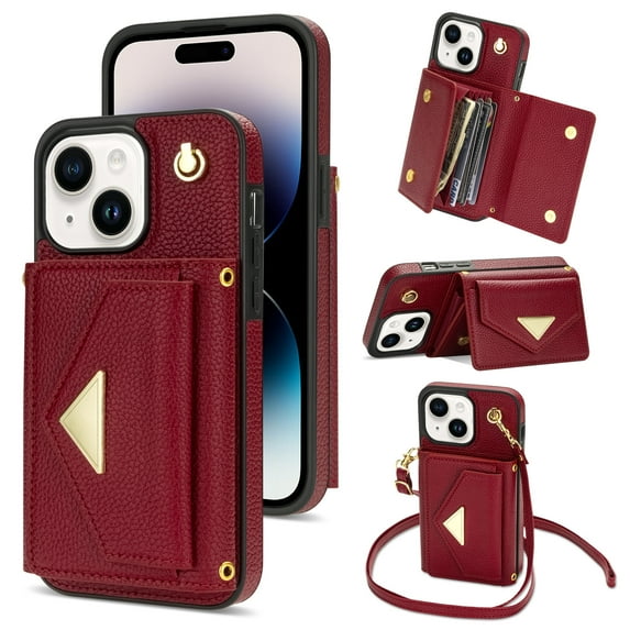 Nalacover Case for iPhone 15, Crossbody Wallet Case with Card Slots Holder, PU Leather Lanyard Shoulder Strap Purse Cover with Kickstand Shockproof Case for iPhone 15, Red