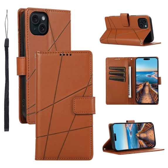 Nalacover Case for iPhone 15 Plus - Card Holder PU Leather Flip Wallet Cover with Magnetic Clasp Stand Hand Strap, Soft TPU Inner Shockproof Anti-Scratches Case for iPhone 15 Plus, Brown