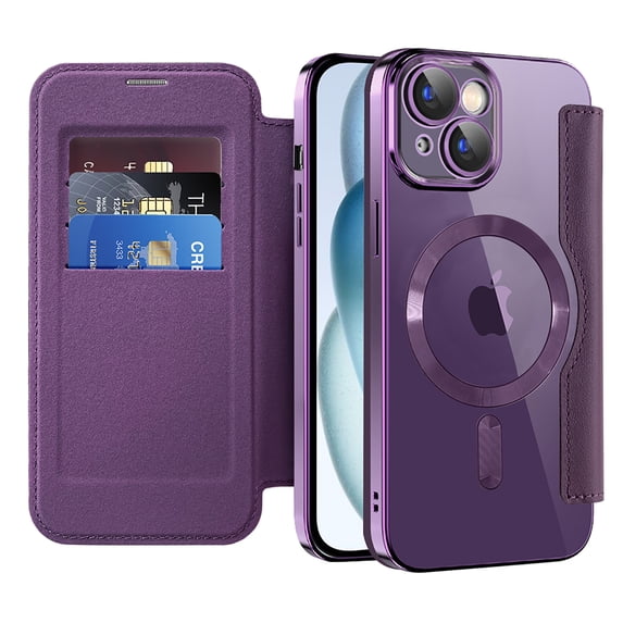 Nalacover Case for iPhone 15 Plus,Compatible with MagSafe Charging,Wallet Cover with RFID Blocking Card Slots,Shockproof PU Leather Magnetic Closure Folio Plating Clear Phone Case,Purple