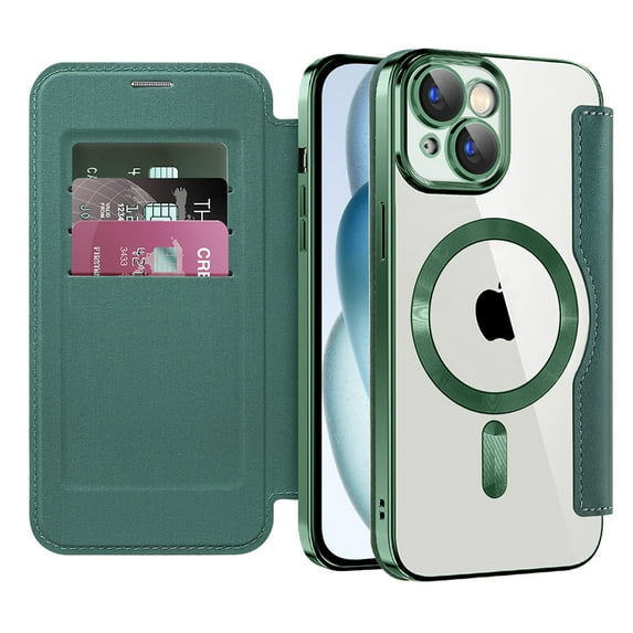 Nalacover Case for iPhone 15 Plus,Compatible with MagSafe Charging,Wallet Cover with RFID Blocking Card Slots,Shockproof PU Leather Magnetic Closure Folio Plating Clear Phone Case,Darkgreen