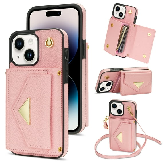 Nalacover Case for iPhone 15 Plus, Crossbody Wallet Case with Card Slots Holder, PU Leather Lanyard Shoulder Strap Purse Cover with Kickstand Shockproof Case for iPhone 15 Plus, Pink