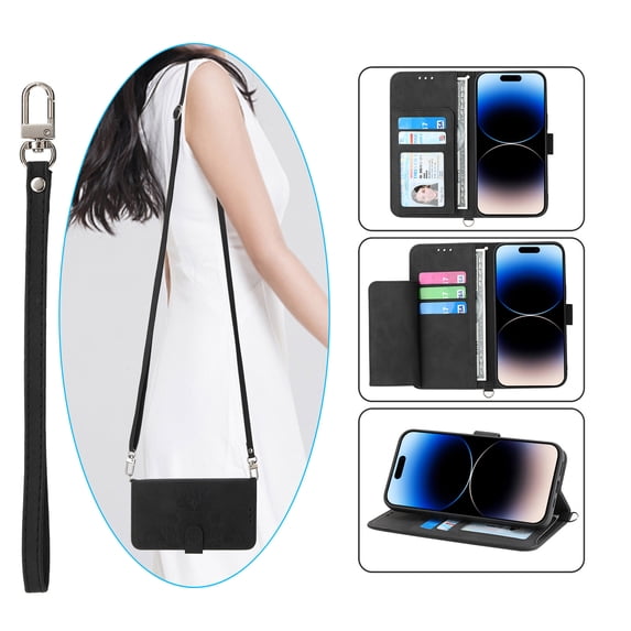 Nalacover Case for iPhone 15 Plus, PU Leather Wallet Phone Crossbody Flip Case with Credit Card Holder and Shoulder Wrist Strap Magnetic Stand Shockproof Cover For iPhone 15 Plus, Black