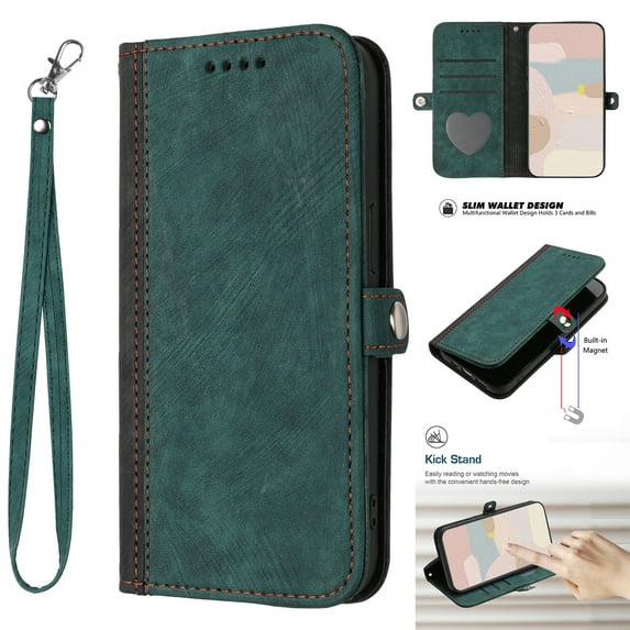 Nalacover Case for iPhone 15 Plus Retro Wallet Case with Card Holder, with Wrist Hand Strap, Vintage PU Leather Flip Kickstand Cover, Magnetic Shockproof TPU Full Protective Case, Darkgreen