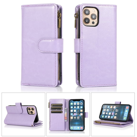Nalacover Case for iPhone 15 Plus Zipper Wallet Case with 9 Card Slots, Premium PU Leather Wrist Strap Handbag Flip Cover with Kickstand Magnetic Clasp Soft TPU Shockproof Case, Lavender