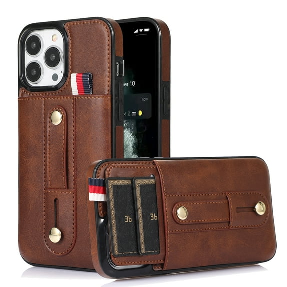 Nalacover Case for iPhone 15 Pro Max Wallet Case with Loop Finger Strap Hidden Card Slots Holder, Premium PU Leather + TPU Shockproof Lens Protection Cover for iPhone 15 Pro Max, Brown