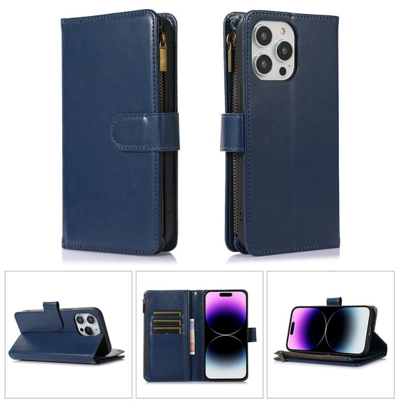 Nalacover Case for iPhone 15 Pro Max Zipper Wallet Case with 9 Card Slots, Premium PU Leather Wrist Strap Handbag Flip Cover with Kickstand Magnetic Clasp Soft TPU Shockproof Case, Blue