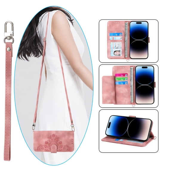 Nalacover Case for iPhone 15 Pro, PU Leather Wallet Phone Crossbody Flip Case with Credit Card Holder and Shoulder Wrist Strap Magnetic Stand Shockproof Cover For iPhone 15 Pro, Pink