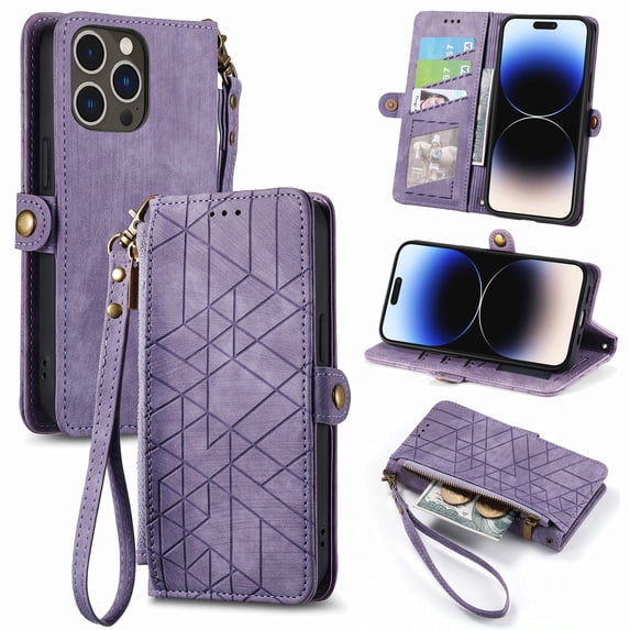 Nalacover Case for iPhone 15 Pro, with RFID Blocking Card Slot Holder, Magnetic Flip Folio Purse Case, PU Leather Zipper Handbag with Detachable Lanyard Strap For iPhone 15 Pro, Purple