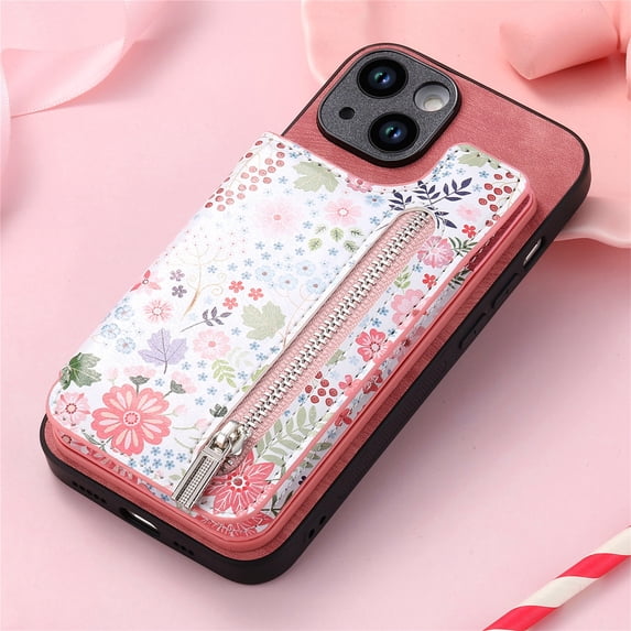 Nalacover Case for iPhone 15 Pro Wallet Case with Card Slots Zipper Pocket, Floral Pattern PU Leather Flip Kickstand Cover for Women Girls, RFID Blocking Shockproof Case, Pink