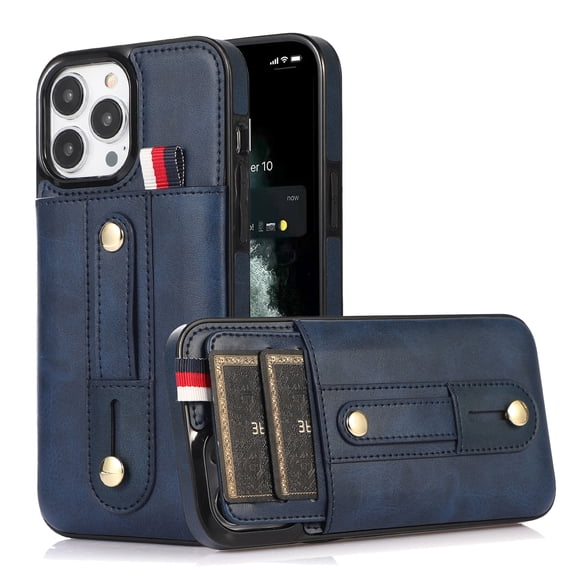 Nalacover Case for iPhone 15 Pro Wallet Case with Loop Finger Strap Hidden Card Slots Holder, Premium PU Leather + TPU Shockproof Lens Protection Cover for iPhone 15 Pro, Blue