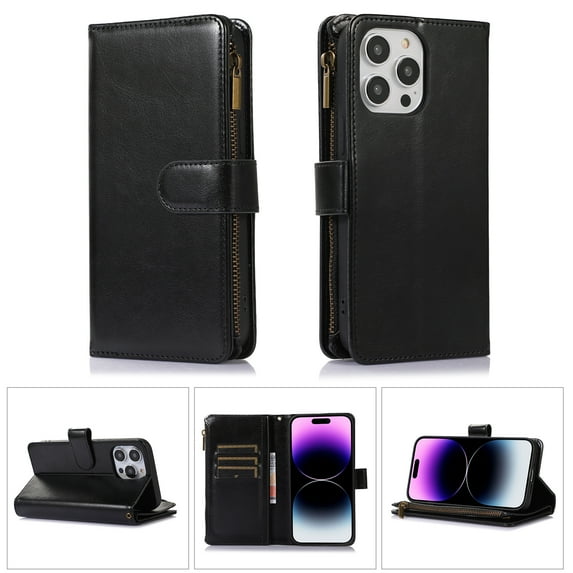 Nalacover Case for iPhone 15 Pro Zipper Wallet Case with 9 Card Slots, Premium PU Leather Wrist Strap Handbag Flip Cover with Kickstand Magnetic Clasp Soft TPU Shockproof Case,Black