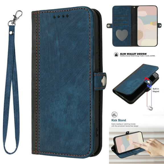 Nalacover Case for iPhone 15 Retro Wallet Case with Card Holder, with Wrist Hand Strap, Vintage PU Leather Flip Kickstand Cover, Magnetic Shockproof TPU Full Protective Case, Blue