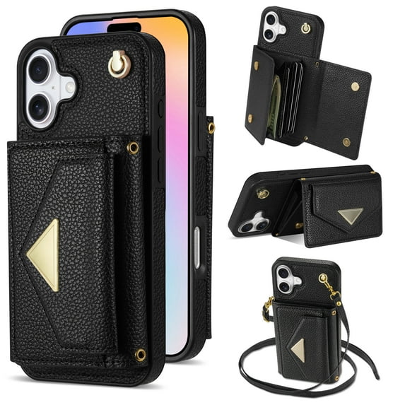Nalacover Case for iPhone 16, Crossbody Wallet Case with Card Slots Holder, PU Leather Lanyard Shoulder Strap Purse Cover with Kickstand Shockproof Case for iPhone 16, Black