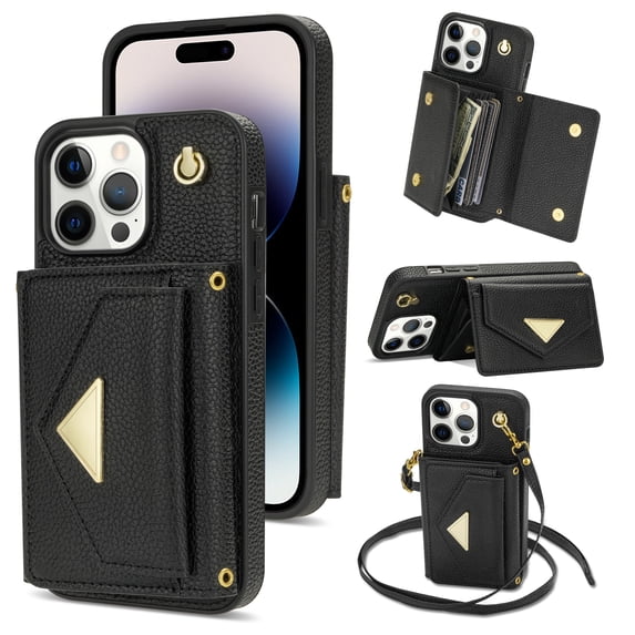 Nalacover Case for iPhone 16 Pro Max, Crossbody Wallet Case with Card Slots Holder, PU Leather Lanyard Shoulder Strap Purse Cover with Kickstand Shockproof Case for iPhone 16 Pro Max, Black