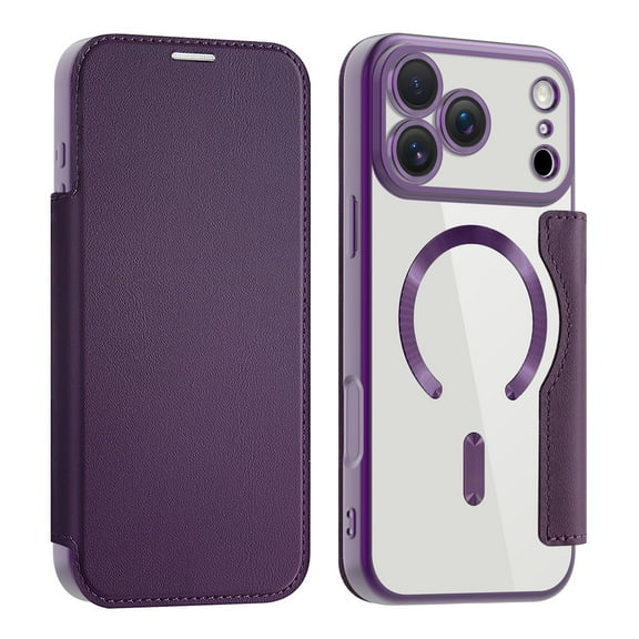 Nalacover Case for iPhone 17 Pro,Compatible with MagSafe Charging,Wallet Cover with RFID Blocking Card Slots,Shockproof PU Leather Magnetic Closure Folio Plating Clear Phone Case,Purple
